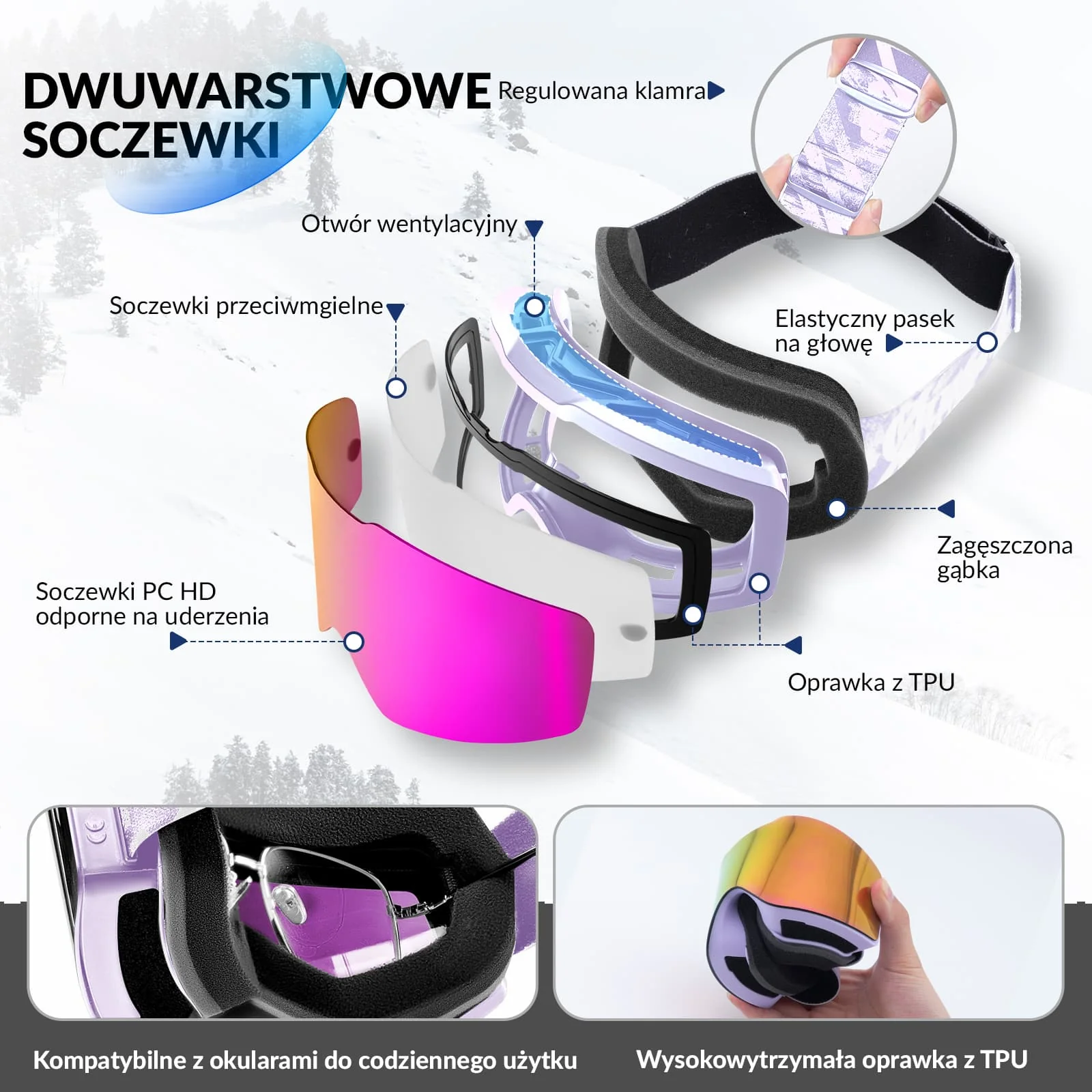 Qunature Gogle Narciarskie I Snowboardowe UV, Przeciwmgielne, OTG-Q23-008 - Image 10