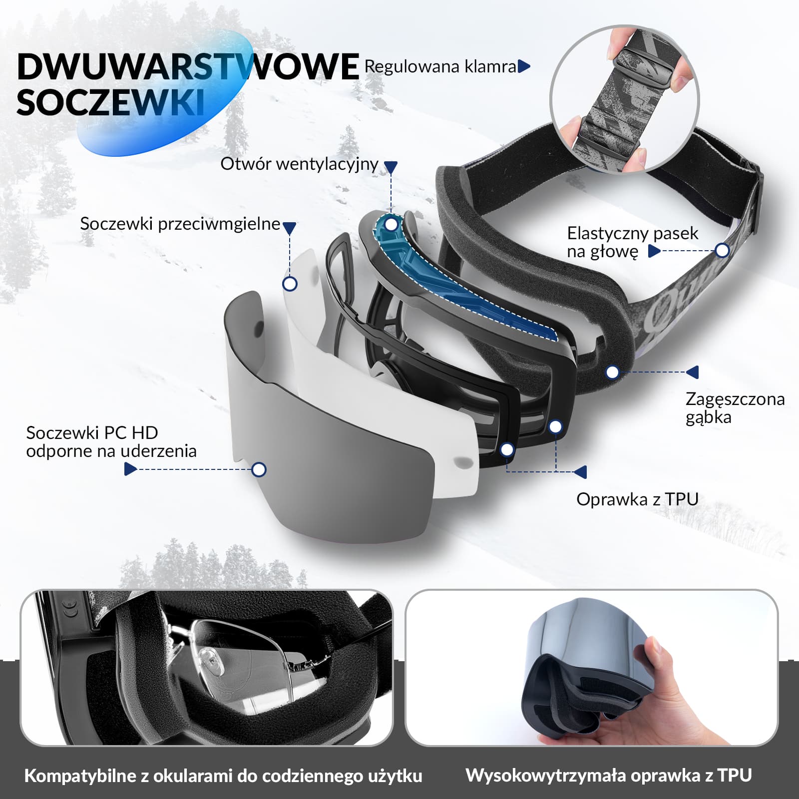 Qunature Gogle Narciarskie I Snowboardowe UV, Przeciwmgielne, OTG-Q23-008 - Image 3