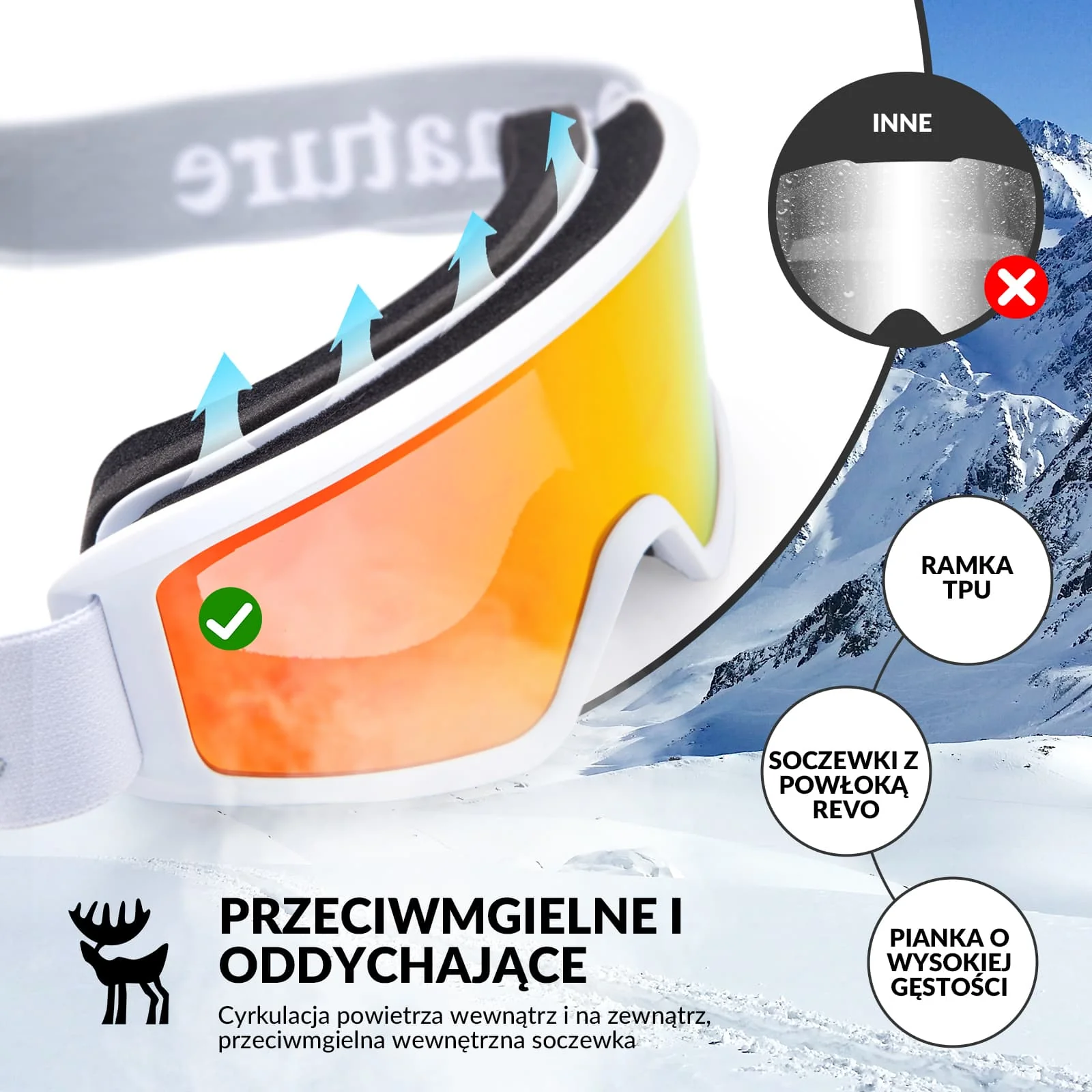 Qunature Gogle Narciarskie Śniegowe Ochrona UV Damskie/Męskie Przeciwmgielne -Q23-003 - Image 3
