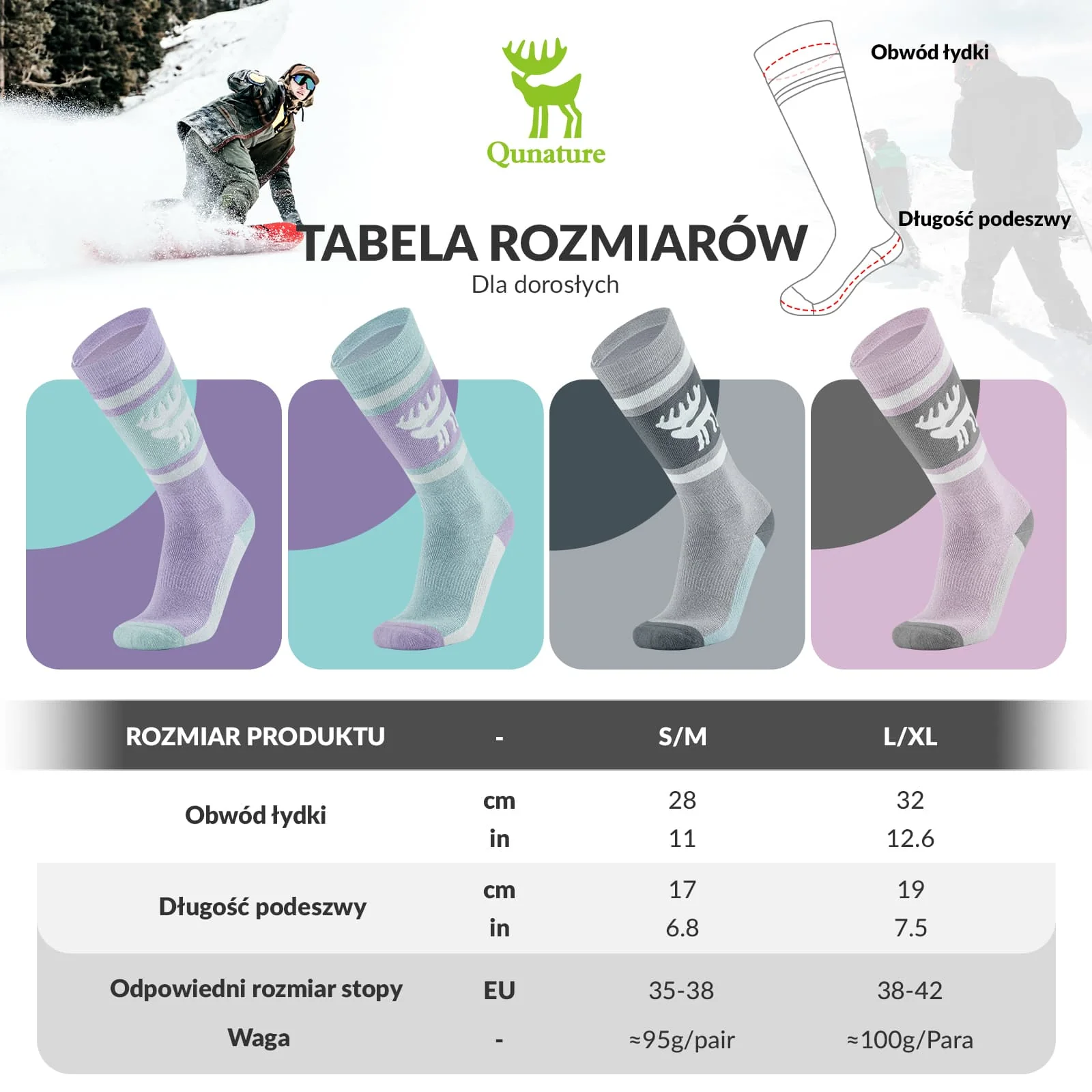 Qunature Skarpetki Narciarskie Zimowe Termiczne Wykonane Unisex Rozmiar -Q23-011 - Image 4