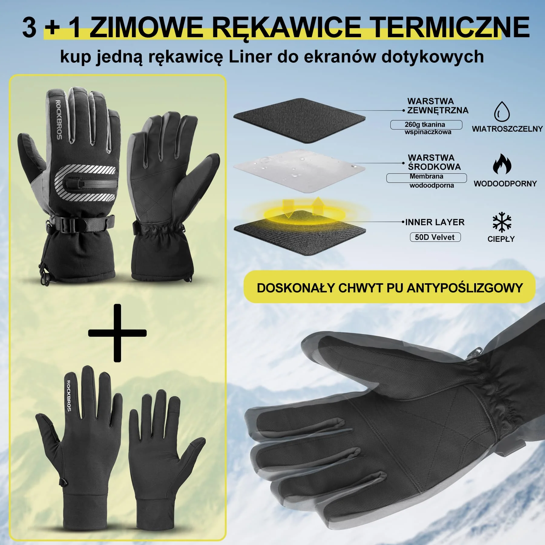 Rękawice Narciarskie Termiczne Podwójna Warstwa Dwa W Jednym Zimowe - Image 3