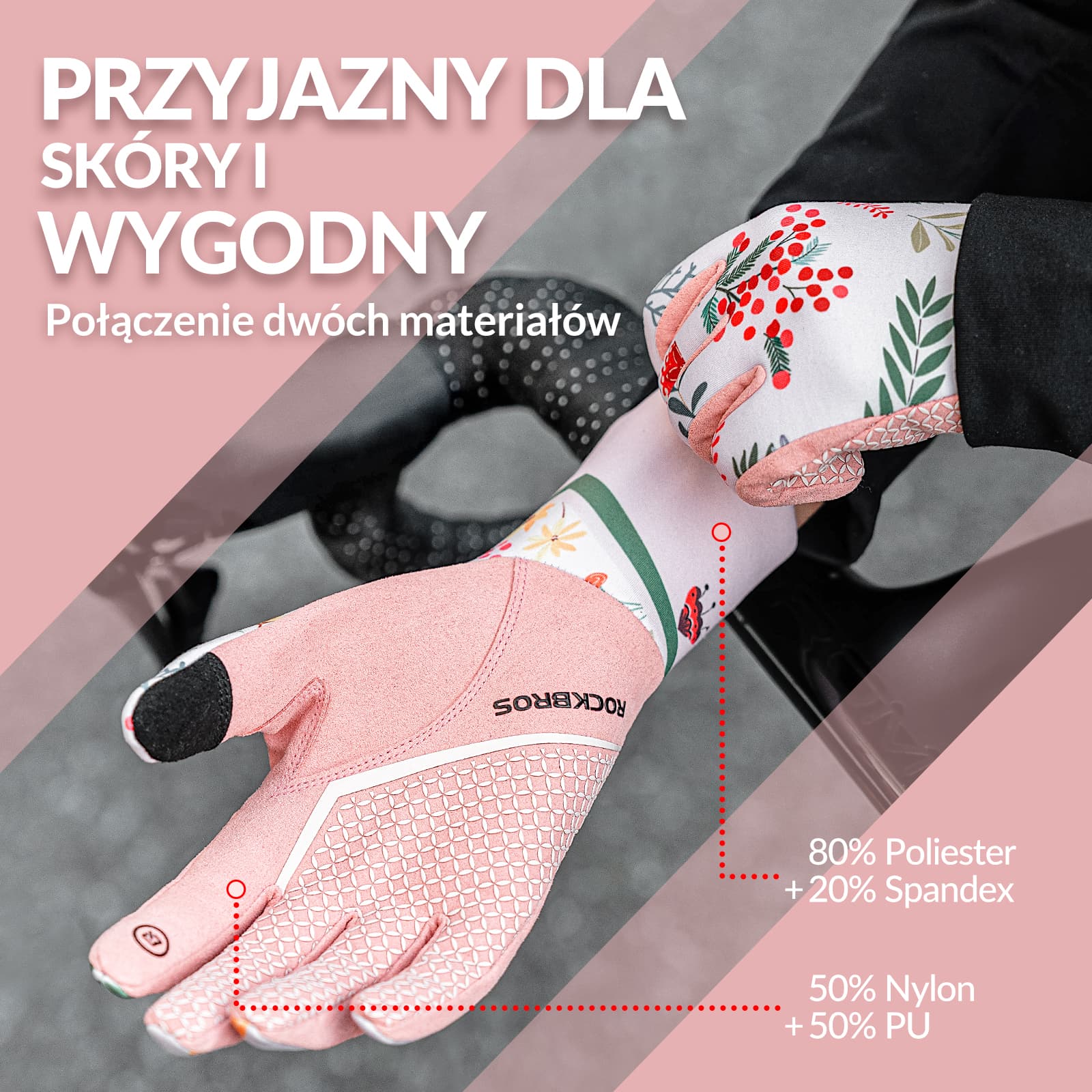 Rękawiczki Rowerowe Z Nadrukiem Dotykowym Damskie Różowe Wiosna i Jesień-S340-1 - Image 4