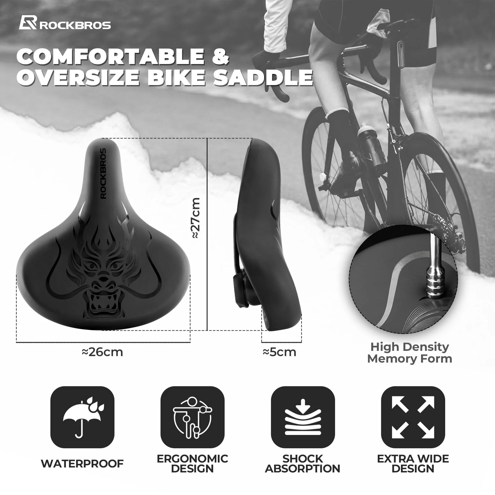 ROCKBROS Duże, wygodne, ergonomiczne siodełko rowerowe, siodełko rowerowe MTB szosowe dla mężczyzn i kobiet, amortyzująca i wodoodporna poduszka, 27x26cm - Image 4