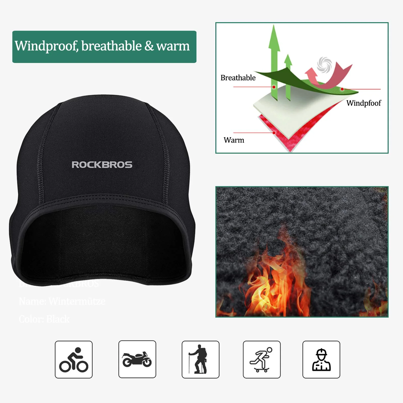 ROCKBROS Czapka Rowerowa, Zimowa, Wiatroodporna,Ciepła, dla Mężczyzn i Kobiet, Wielofunkcjonalna, Czarna, do Wszystkich Aktywności na Świeżym Powietrzu - Image 5