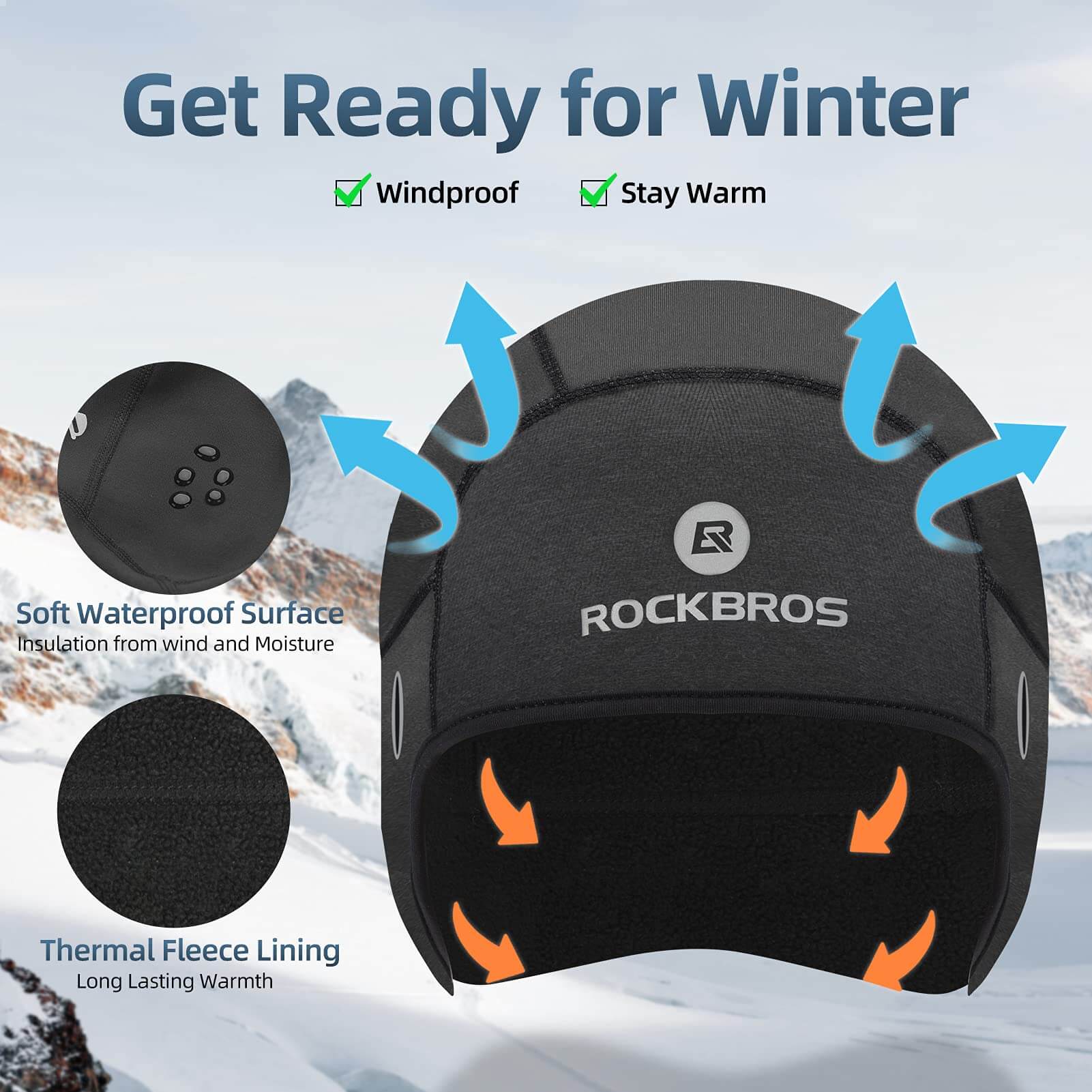 ROCKBROS Czapka Zimowa Wiatroszczelna z Otworami na Okulary Unisex Czarna/Szara - Image 3