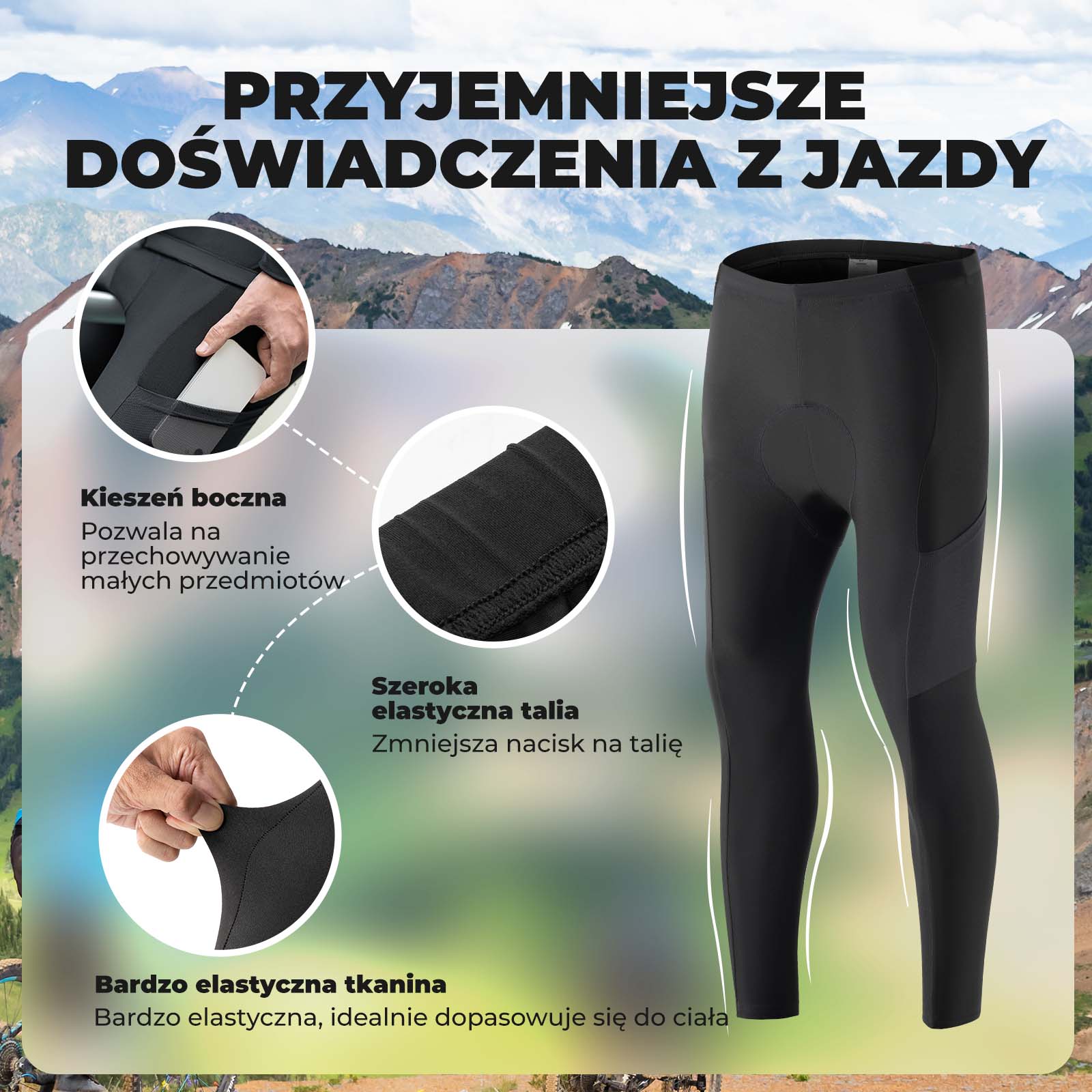 ROCKBROS Męskie Spodnie Rowerowe Wyściełane Długie Kompresyjne Spodnie z Kieszeniami S-4XL - Image 3