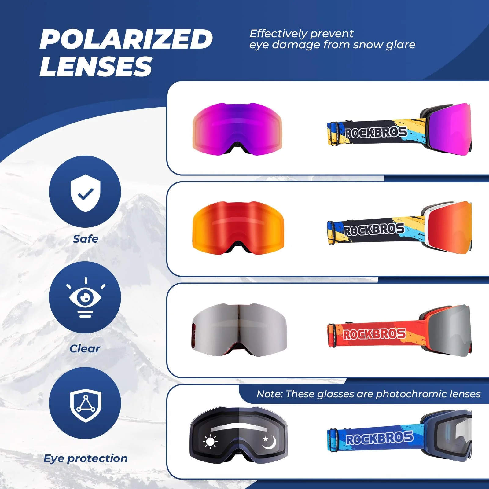 ROCKBROS Okulary Narciarskie Gogle, Polaryzacyjne, Przeciwmgielne, Jasne i Szerokie Widzenia, Niełatwe do Złamania, Regulowany Pałąk, Wygodne, Uniwersalne, Niebieski - Image 2