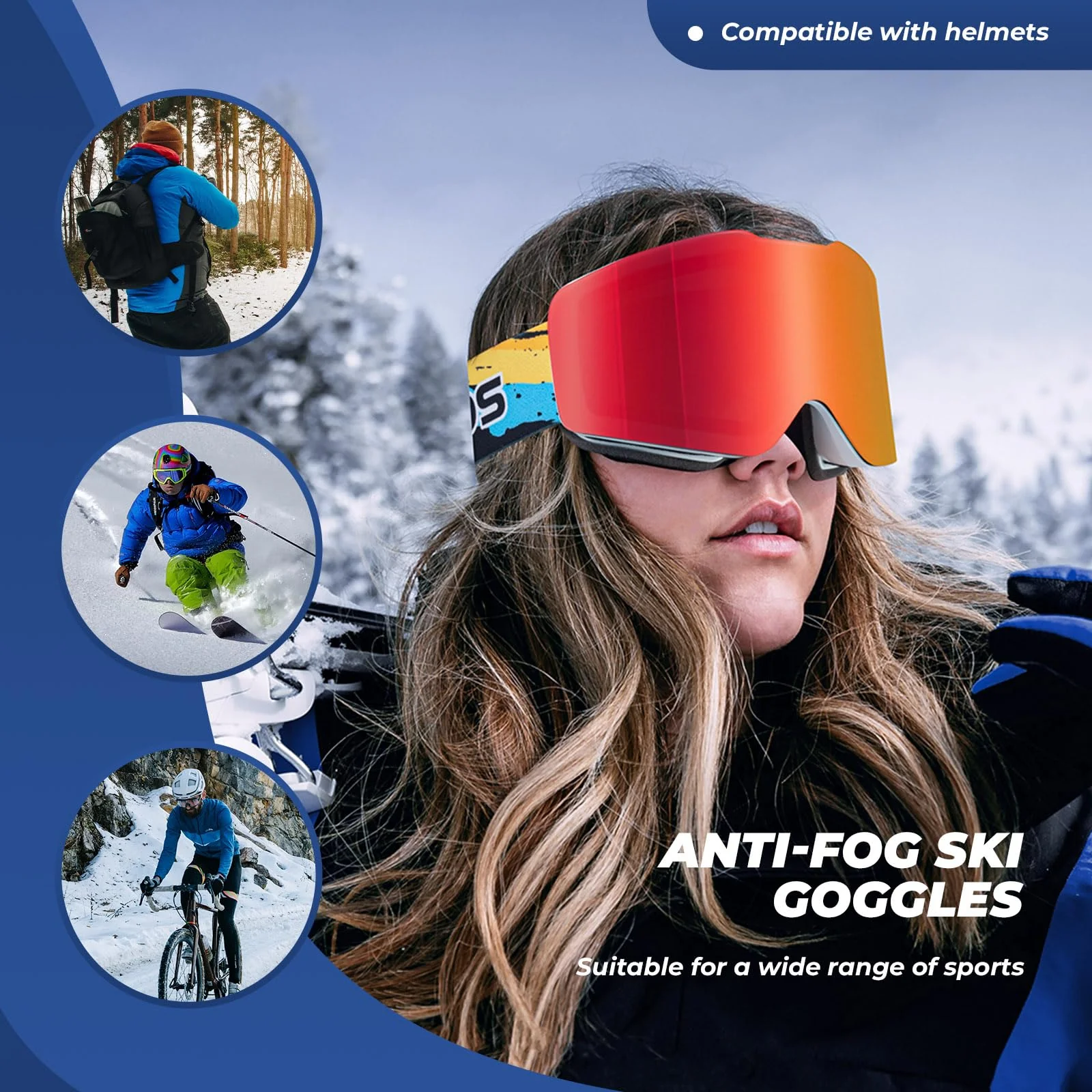 ROCKBROS Okulary Narciarskie Gogle, Polaryzacyjne, Przeciwmgielne, Jasne i Szerokie Widzenia, Niełatwe do Złamania, Regulowany Pałąk, Wygodne, Uniwersalne, Niebieski - Image 8