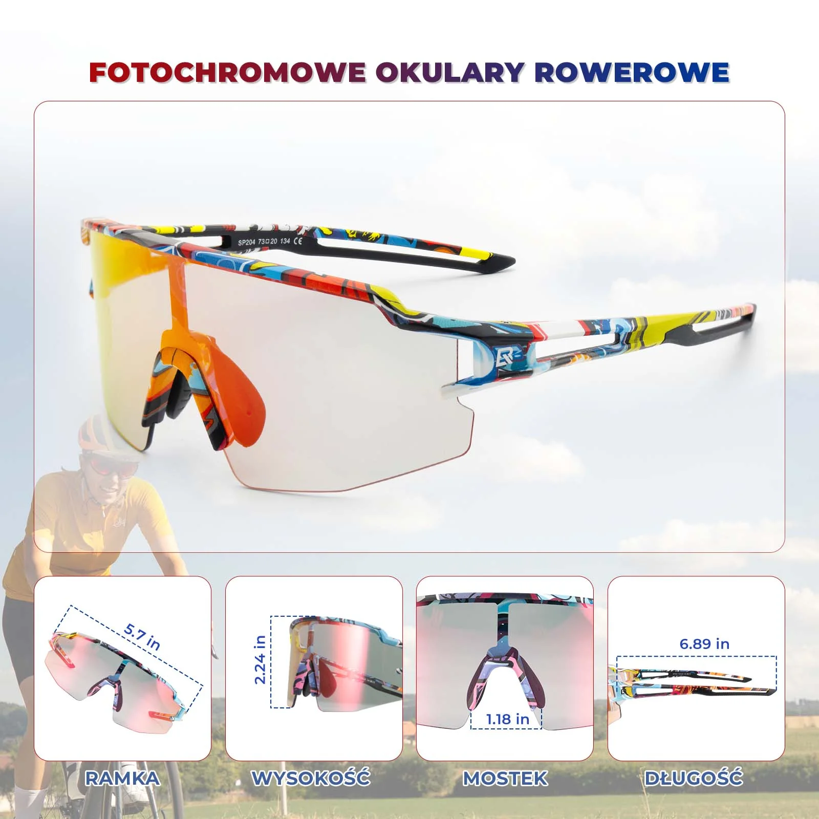 ROCKBROS Malowane Okulary Rowerowe Fotochromowe Okulary Kolarskie Wiatroszczelne UV400 - Image 4