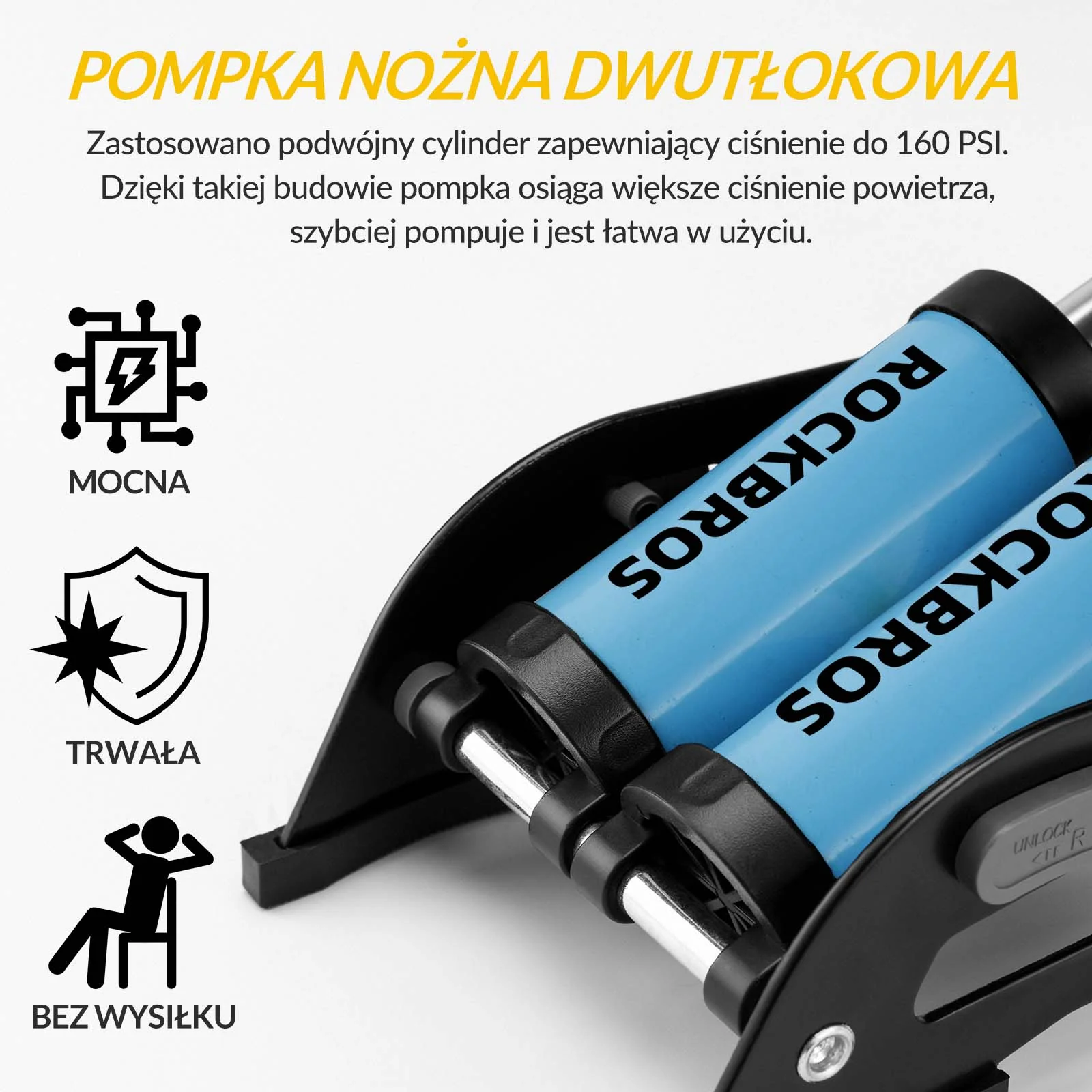 ROCKBROS Pompka Nożna Dwutłokowa do Wszystkich Zaworów 11Bar/160PSI Wskaźnik - Image 10