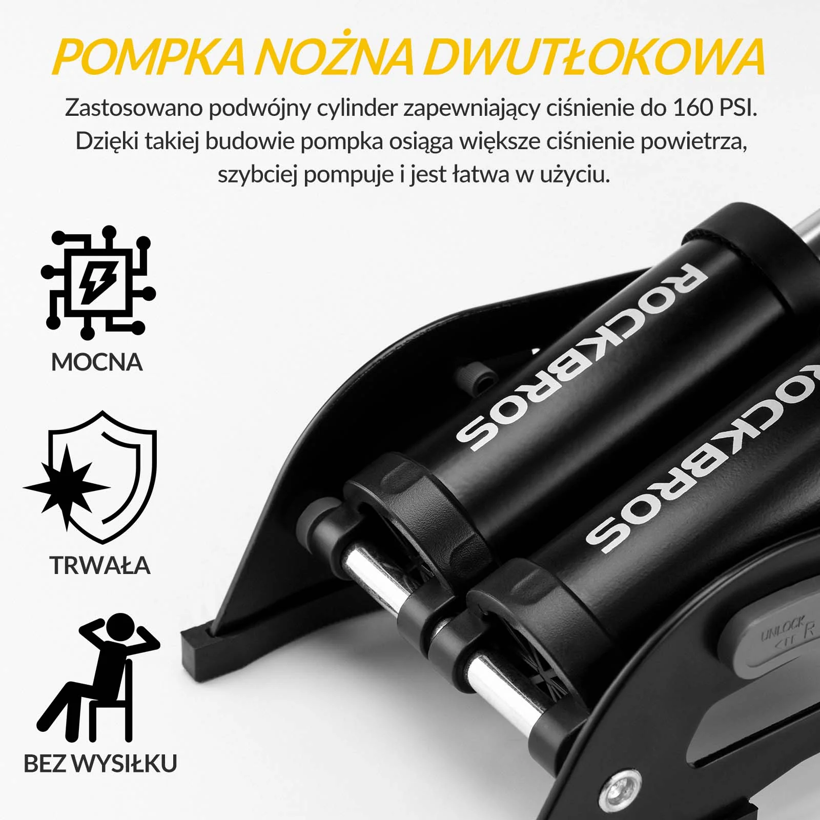 ROCKBROS Pompka Nożna Dwutłokowa do Wszystkich Zaworów 11Bar/160PSI Wskaźnik - Image 4