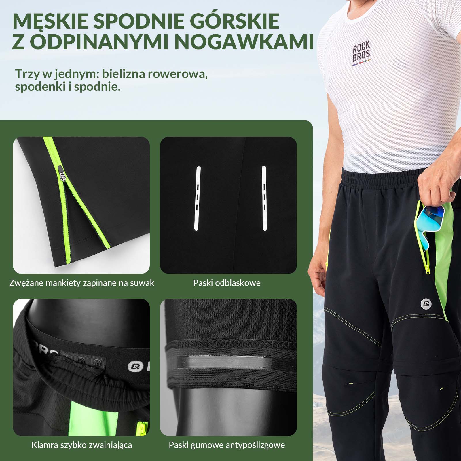 ROCKBROS Spodnie Rowerowe 2w1 Dwuwarstwowe Odpinane Długie/Krótkie z Wkładką - Image 4