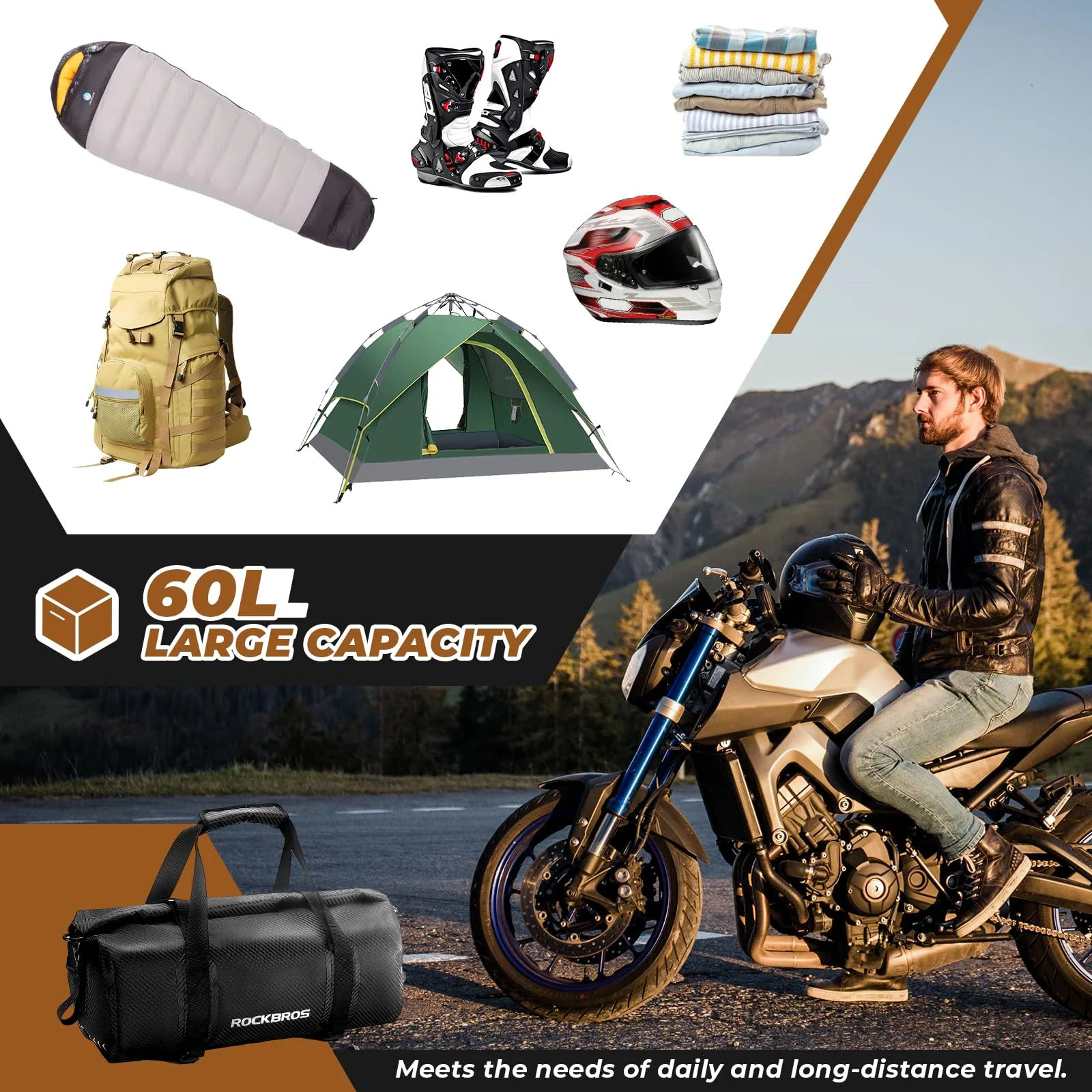 ROCKBROS Torba Motocyklowa na Ogon Torba Podróżna w 100% Wodoodporna z Paskiem na Ramię Torba Podróżna na Motocykl, Wędrówki, Jazdę na Rowerze, Podróże, Kemping, na Zewnątrz 20L-60L - Image 24