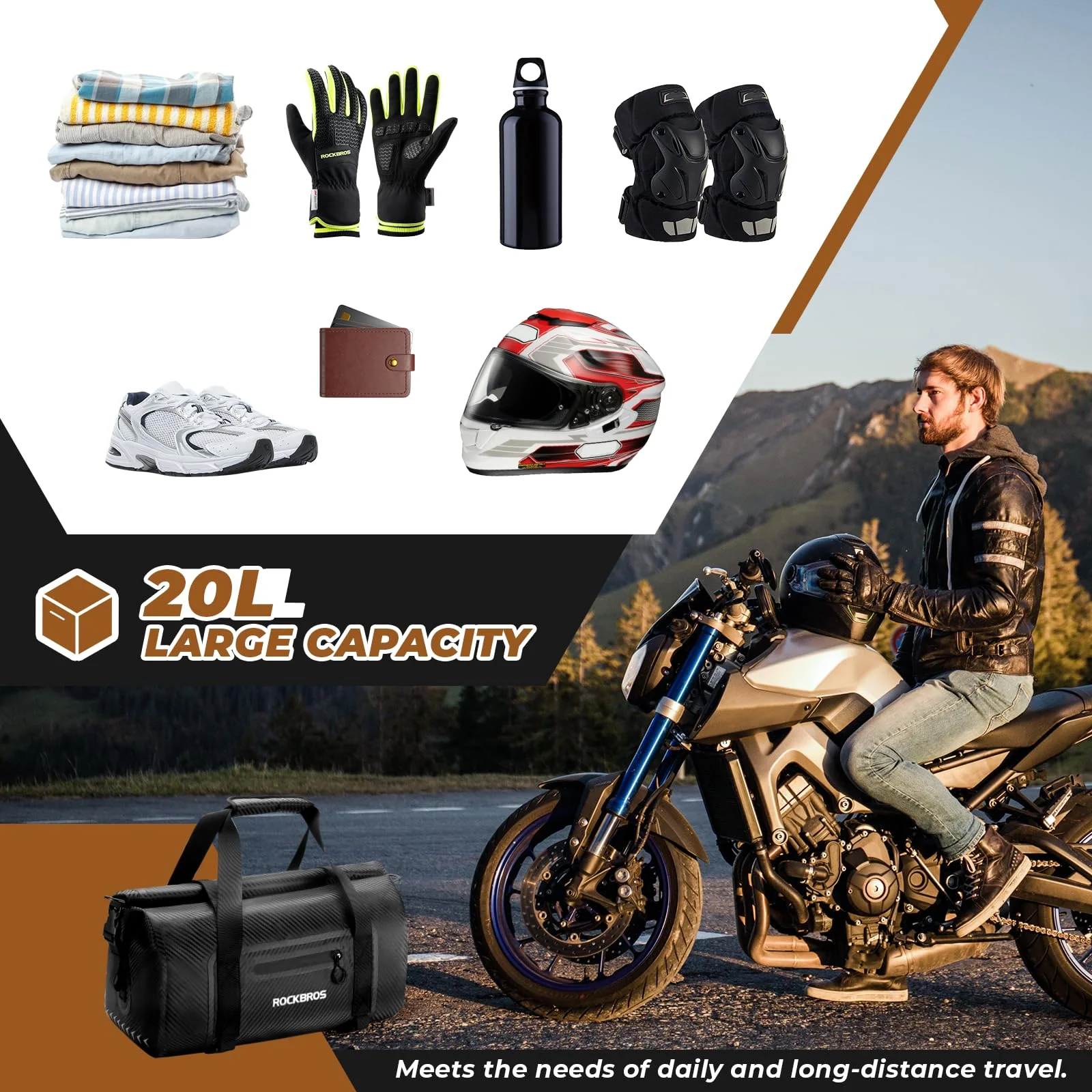 ROCKBROS Torba Motocyklowa na Ogon Torba Podróżna w 100% Wodoodporna z Paskiem na Ramię Torba Podróżna na Motocykl, Wędrówki, Jazdę na Rowerze, Podróże, Kemping, na Zewnątrz 20L-60L - Image 6