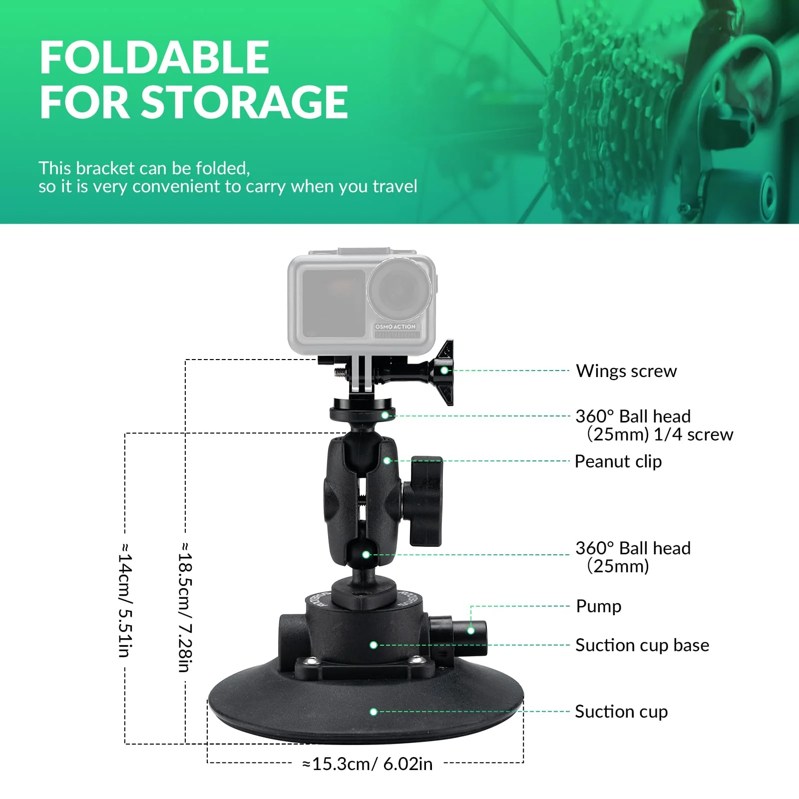ROCKBROS Uchwyt do Kamer Sportowych Samochodowy na Przyssawkę z Pompką i Stojak na Aparat Ruchową Akcesoria do Kamery Akcji Magic Arm do DJI OSMO, GoPro Hero 11/10/9/8 MAX, Nikon, Sony - Image 5