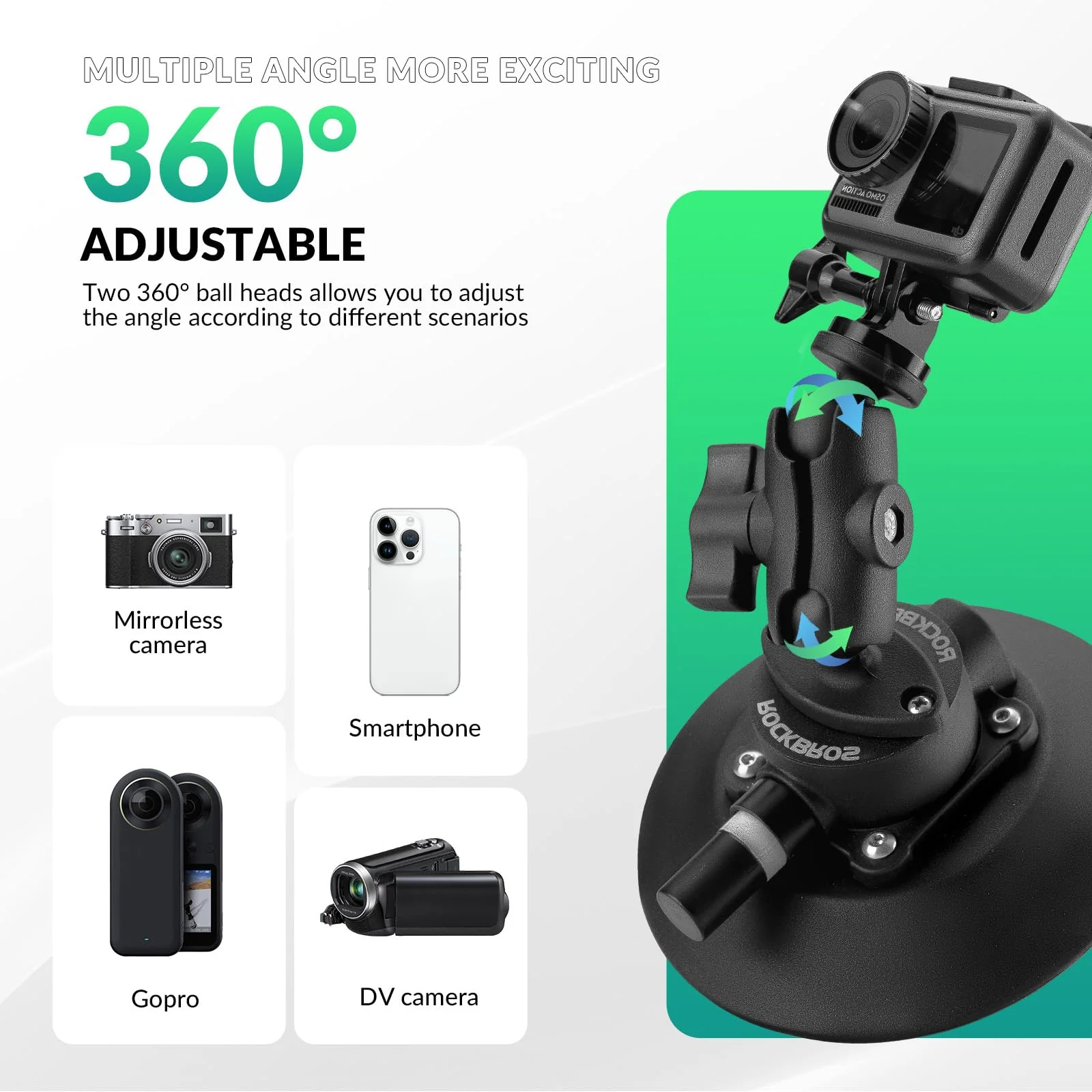ROCKBROS Uchwyt do Kamer Sportowych Samochodowy na Przyssawkę z Pompką i Stojak na Aparat Ruchową Akcesoria do Kamery Akcji Magic Arm do DJI OSMO, GoPro Hero 11/10/9/8 MAX, Nikon, Sony - Image 7
