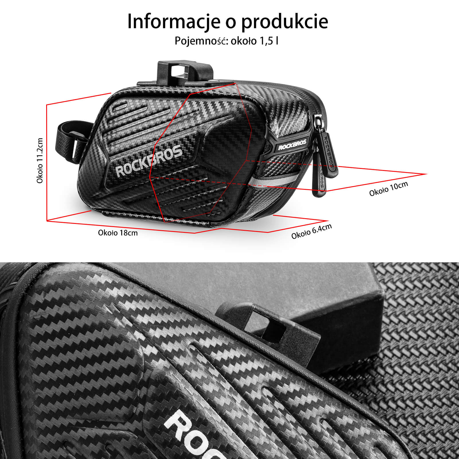 Torba Podsiodłowa Rowerowa Twarda Skorupa o Fakturze Węgla 1.5L - Image 2