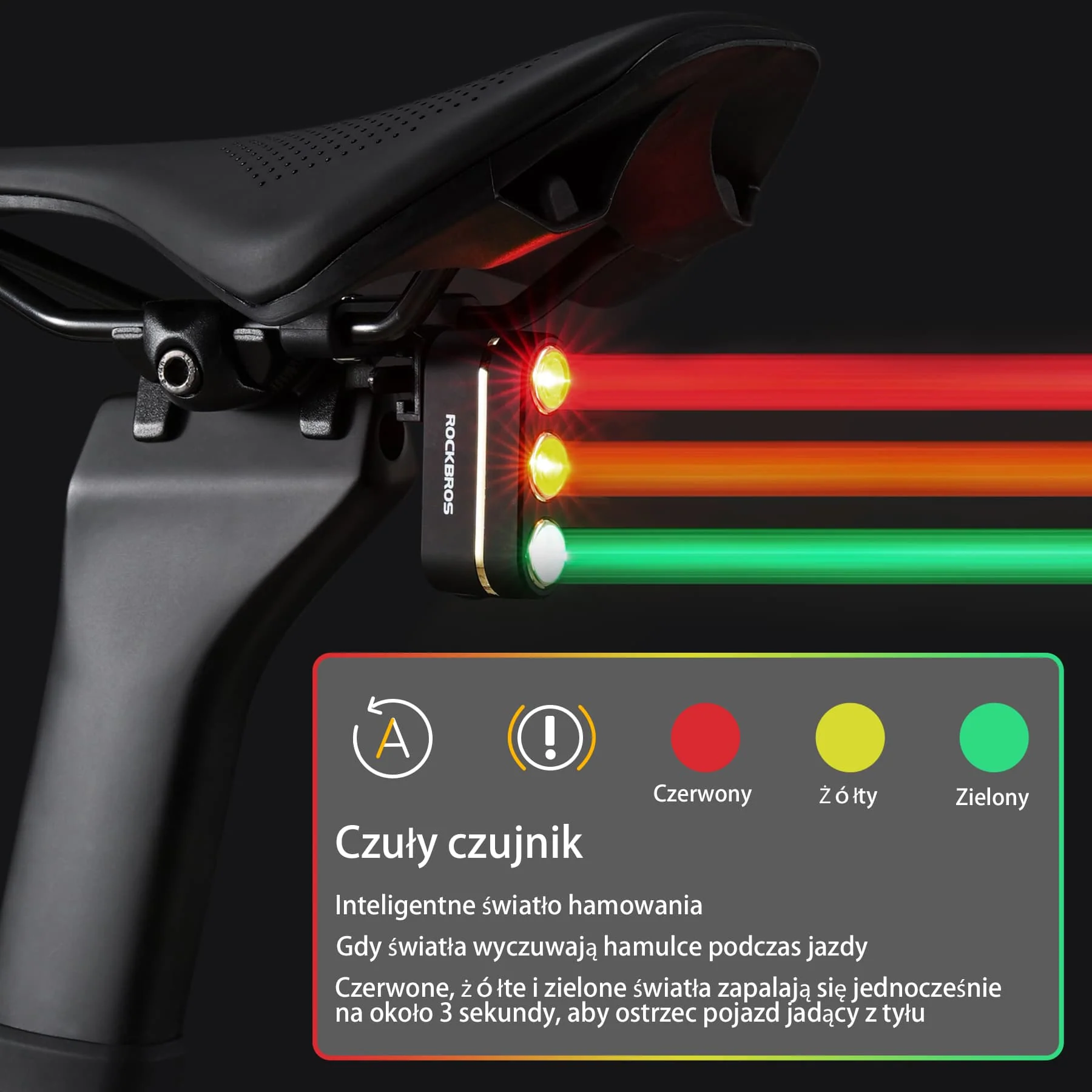 Tylne Światło Rowerowe Inteligentne 3-kolorowe Led Czujnik Hamulca - Image 4